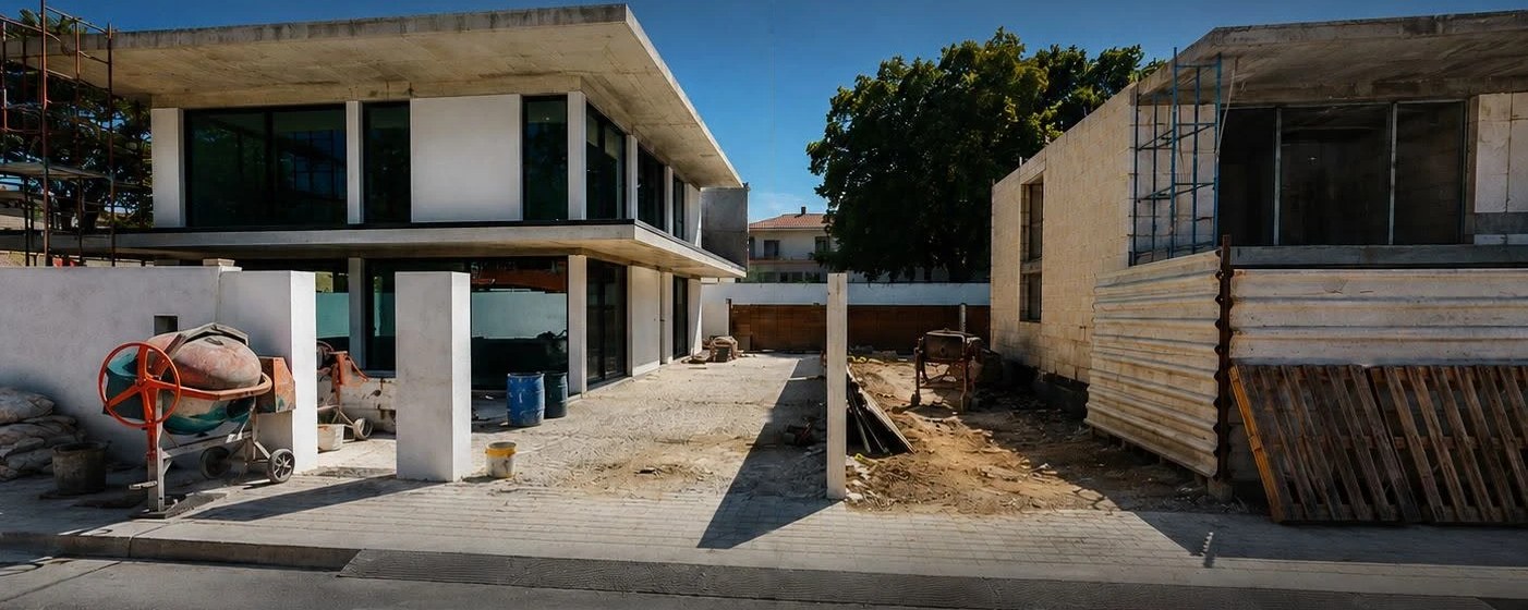 À esquerda, moradia moderna acabada com rigor; à direita, obra desarrumada e inacabada.
